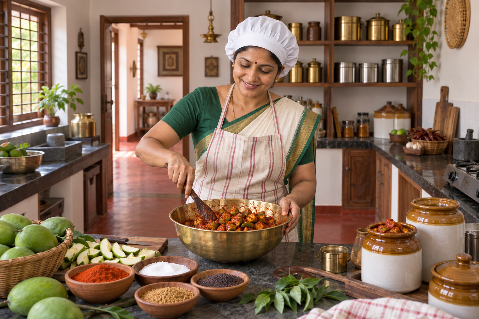 Illustration of a mother wearing a cooking cap and preparing food in a traditional Tamil Nadu kitchen